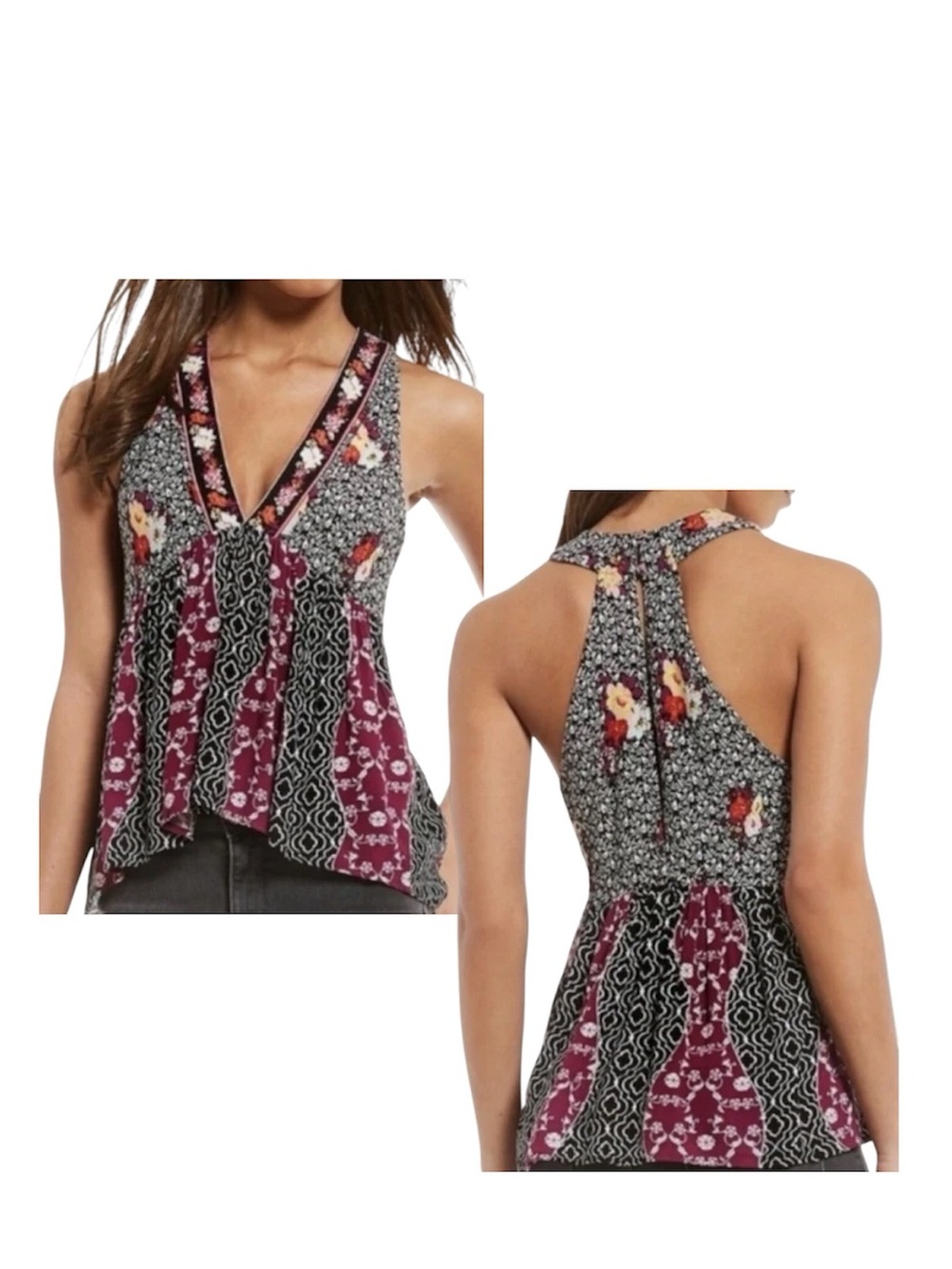 Free People Dream Darlin’ Floral Patchwork V-Neck Camisole Burgundy/Black Size M